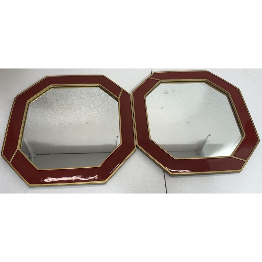 Nate Berkus La Rouse Designer Red Enamel Goldtone Octagon Wall Mirror Set MCM - Picture 2 of 14